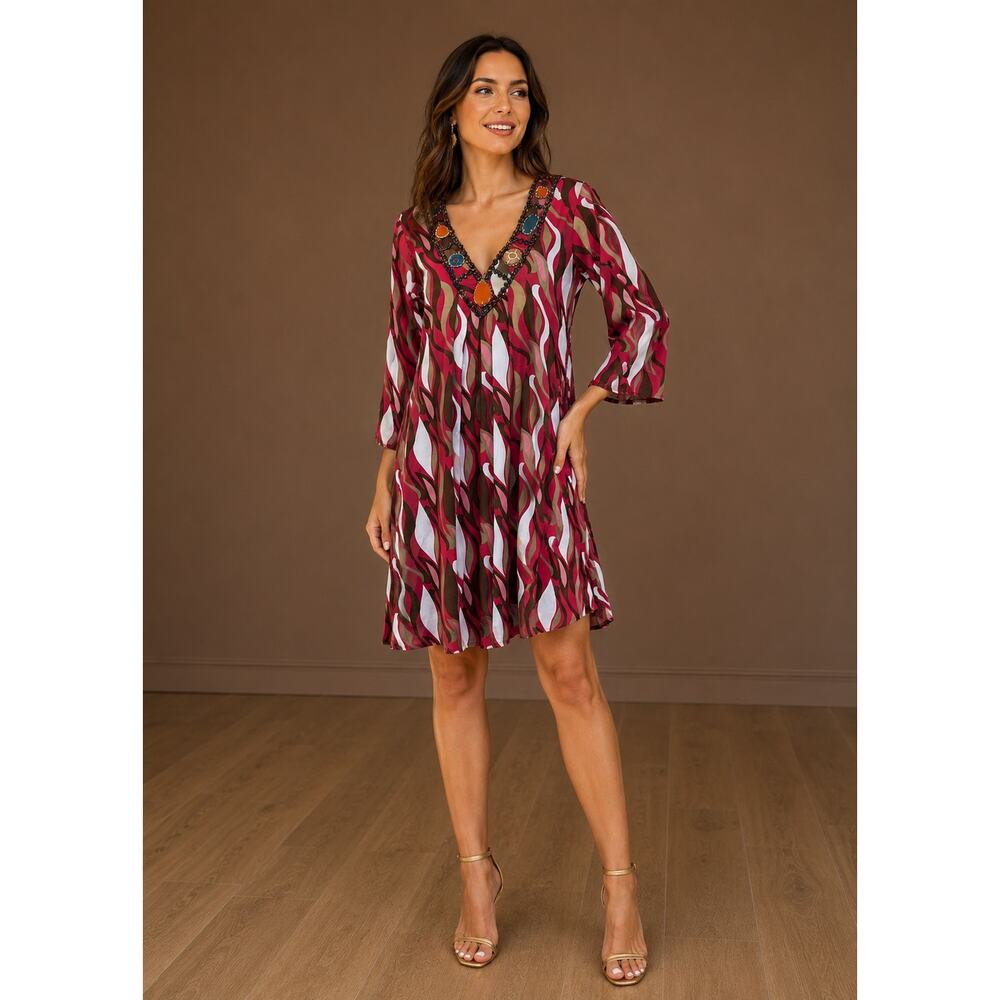 Chan Luu Tunic Dress‎ Pink Abstract Beaded V Neck Boho Festival Size S